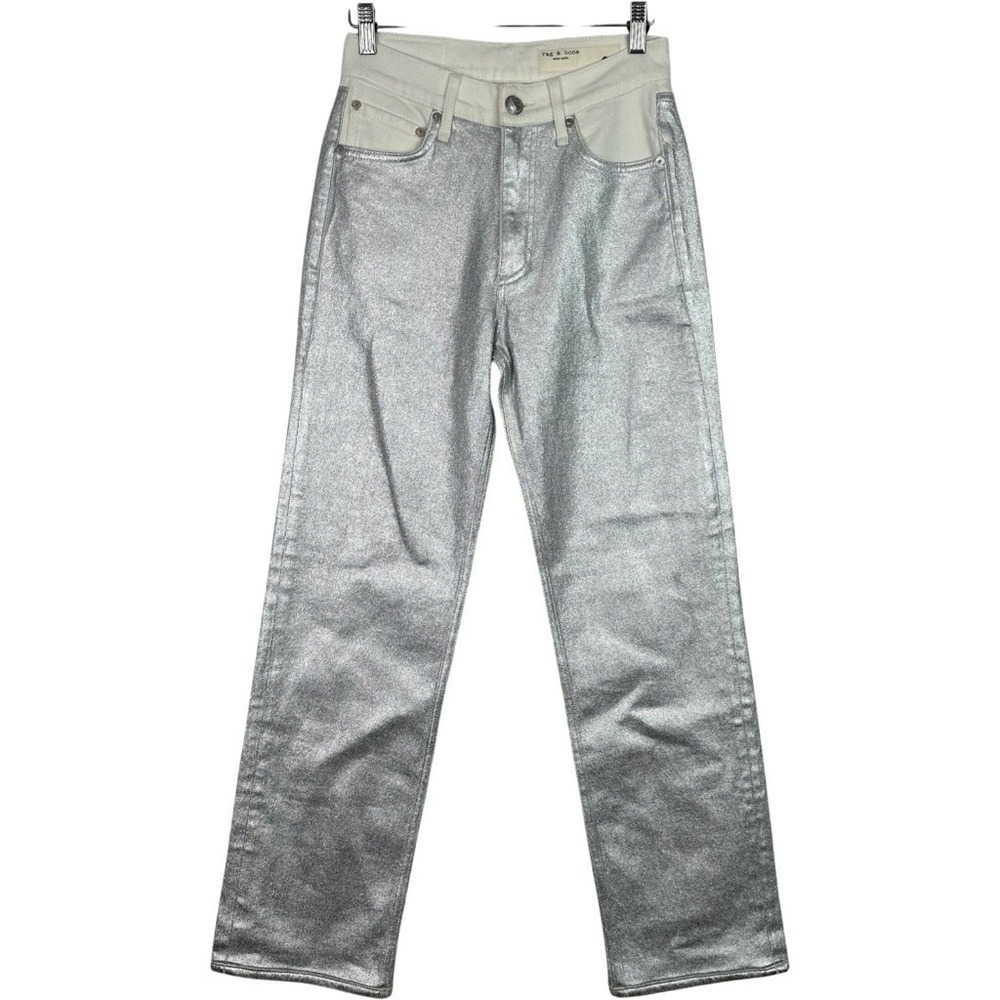 Rag & Bone Harlow Coated Silver Metallic Mid Rise Straight Jeans 25 Y2K NWT